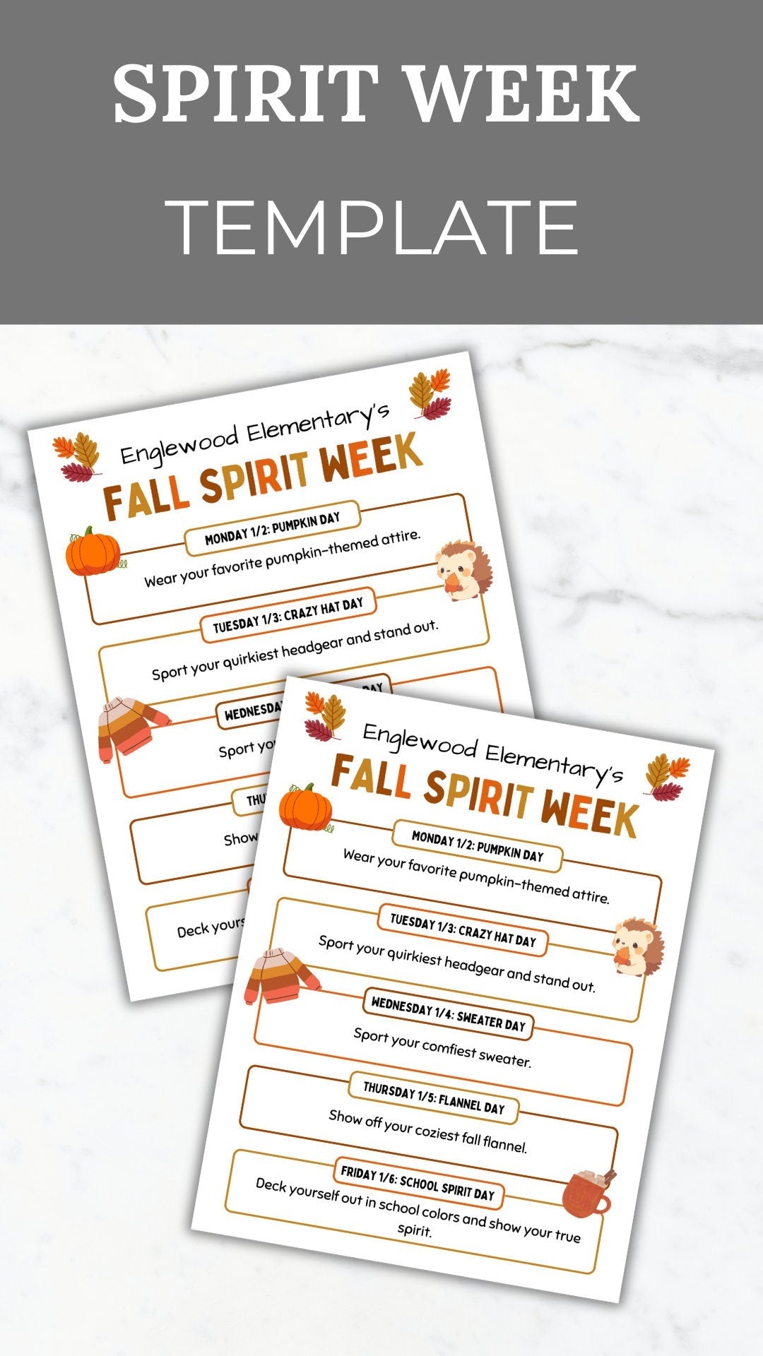 PTA Fall Spirit Week Flyer Printable PTO School Spirit Flyer editable template Spirit week itinerary flyer pta sign take home pto handout