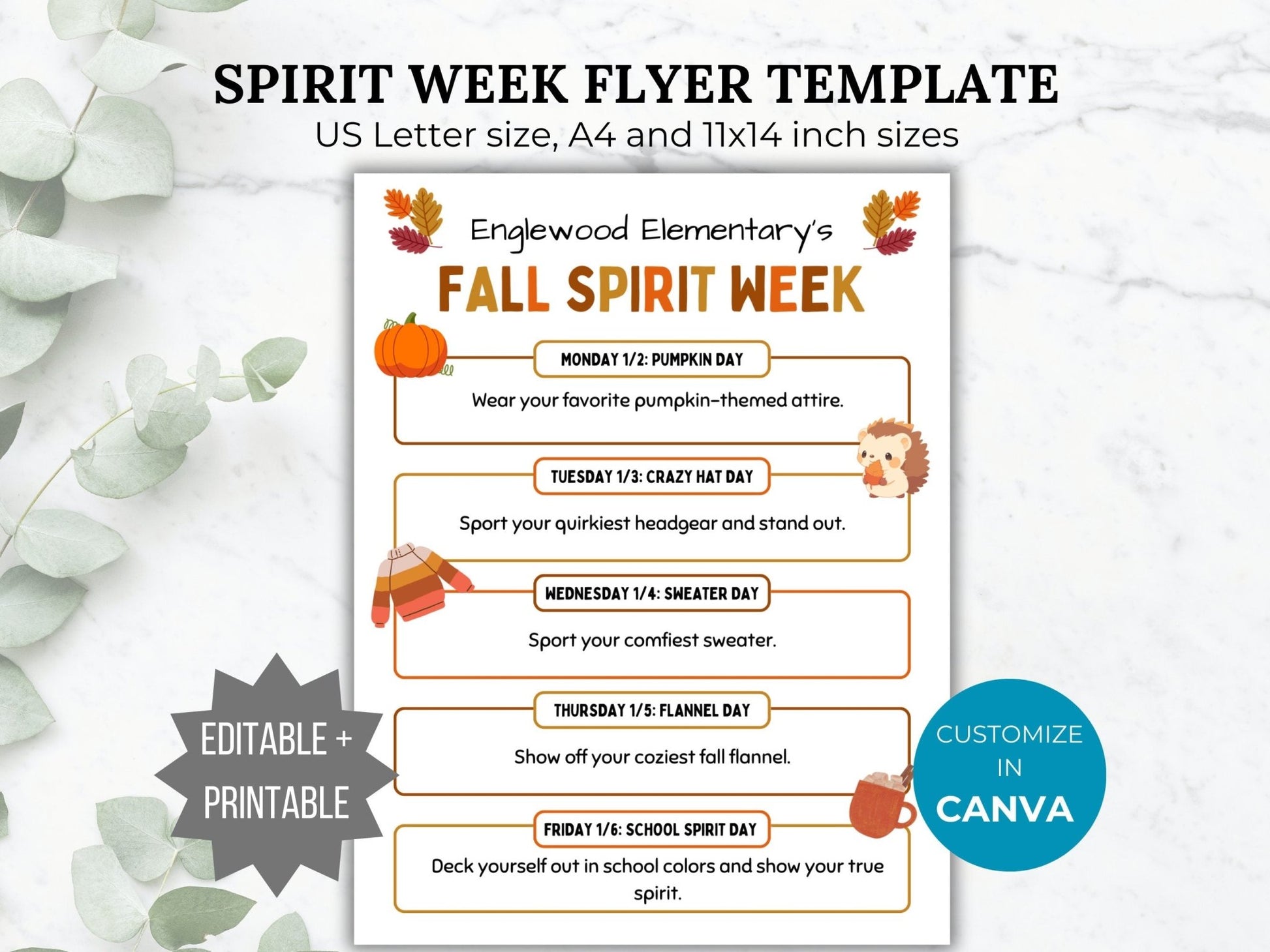 PTA Fall Spirit Week Flyer Printable PTO School Spirit Flyer editable template Spirit week itinerary flyer pta sign take home pto handout