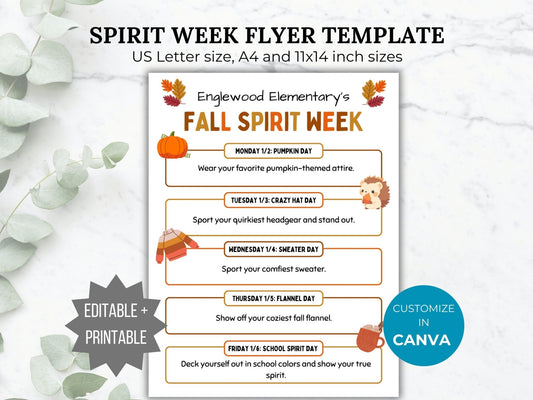 PTA Fall Spirit Week Flyer Printable PTO School Spirit Flyer editable template Spirit week itinerary flyer pta sign take home pto handout