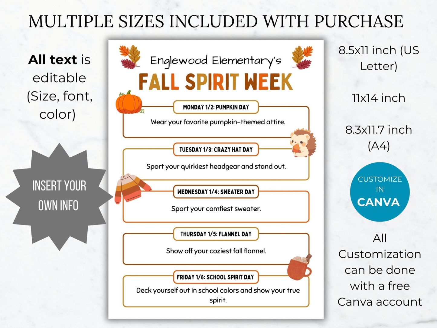 PTA Fall Spirit Week Flyer Printable PTO School Spirit Flyer editable template Spirit week itinerary flyer pta sign take home pto handout