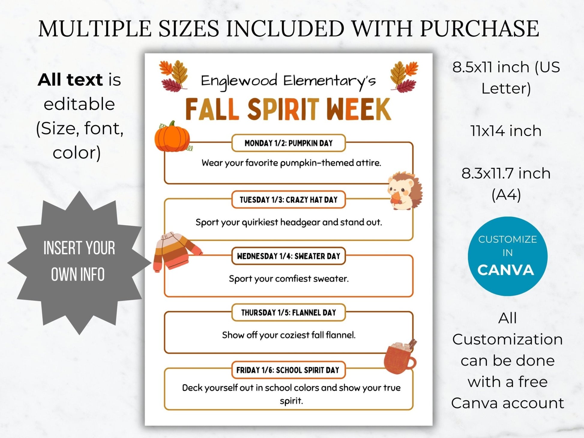 PTA Fall Spirit Week Flyer Printable PTO School Spirit Flyer editable template Spirit week itinerary flyer pta sign take home pto handout