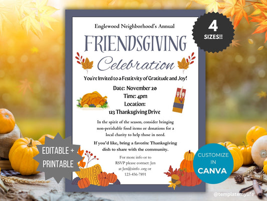 Friendsgiving Invite Template Editable Friendsgiving Invitation printable Holiday community event Flyer Thanksgiving Dinner Party invite