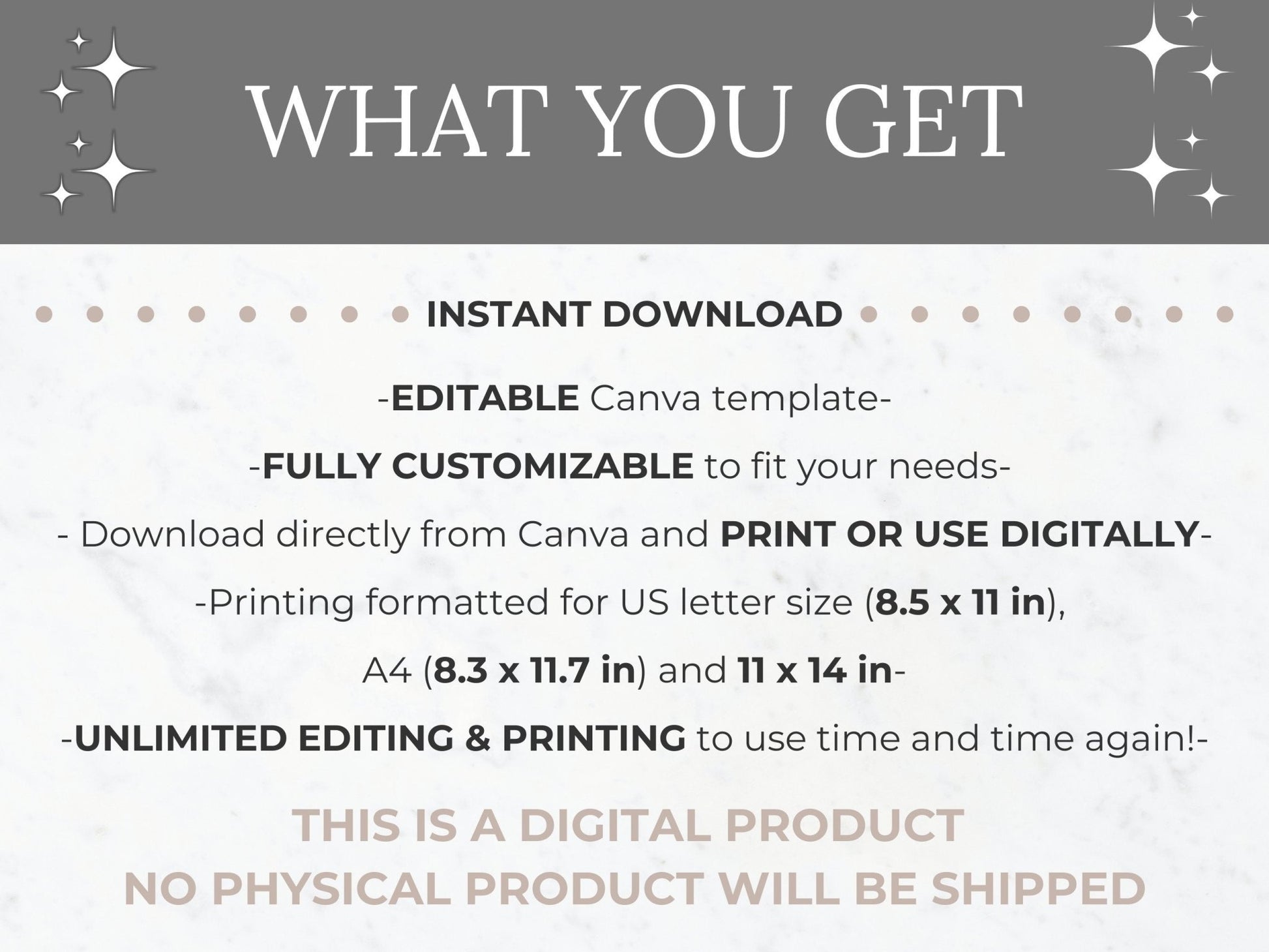 what you get with purchase, an editable canva template in US Letter Size, A4 and 11 x 14 inch