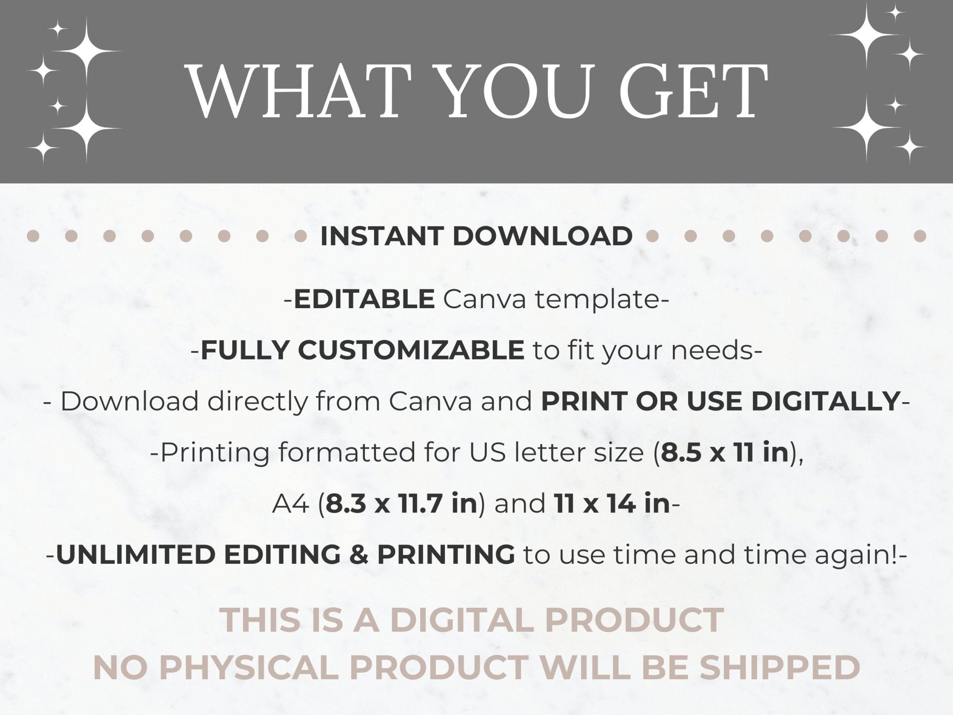 photo explaining what is included with purchase- an editable canva template that comes in 8.5 x 11 inch, 11 x 14 inch and A4 size with unlimited editing and printing