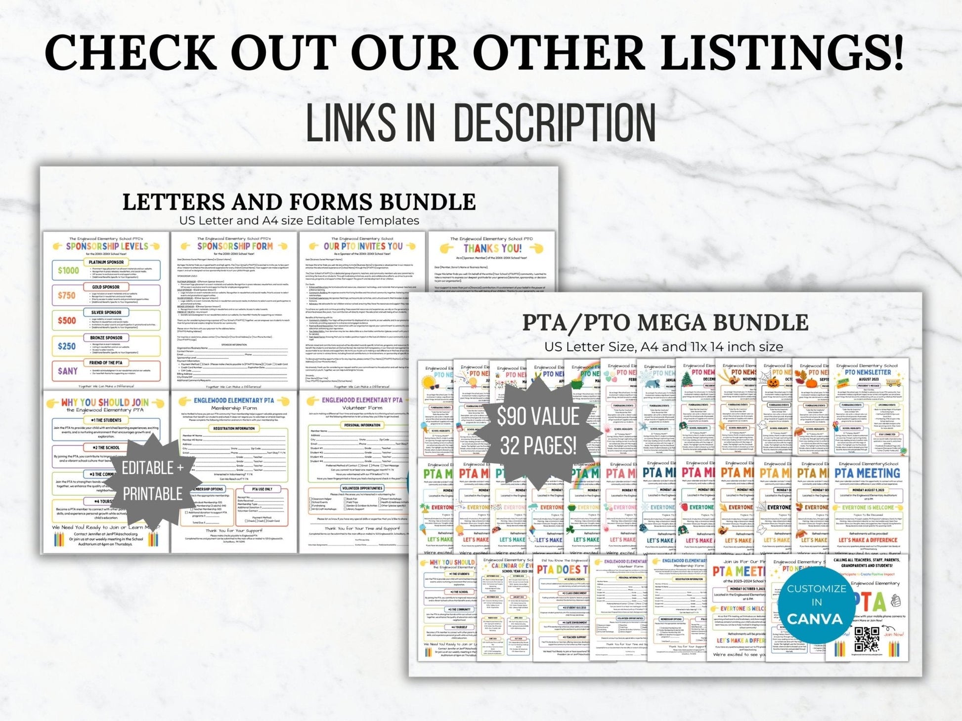 Photo showing other listings available such as our PTO PTA Letters and forms bundle and our PTO PTA flyers mega bundle