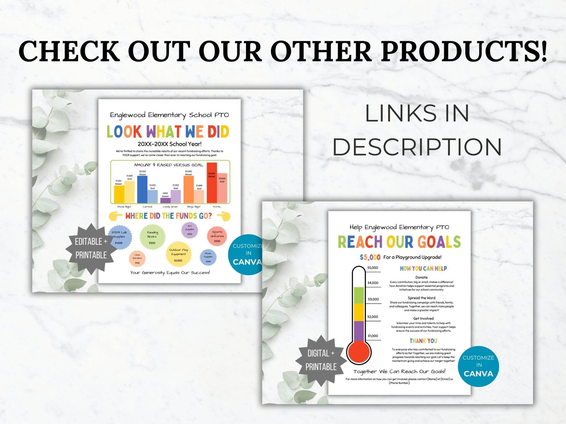 photo showing other products available such as our PTO PTA fundraising achievement flyer and our fundraising goal thermometer flyer template