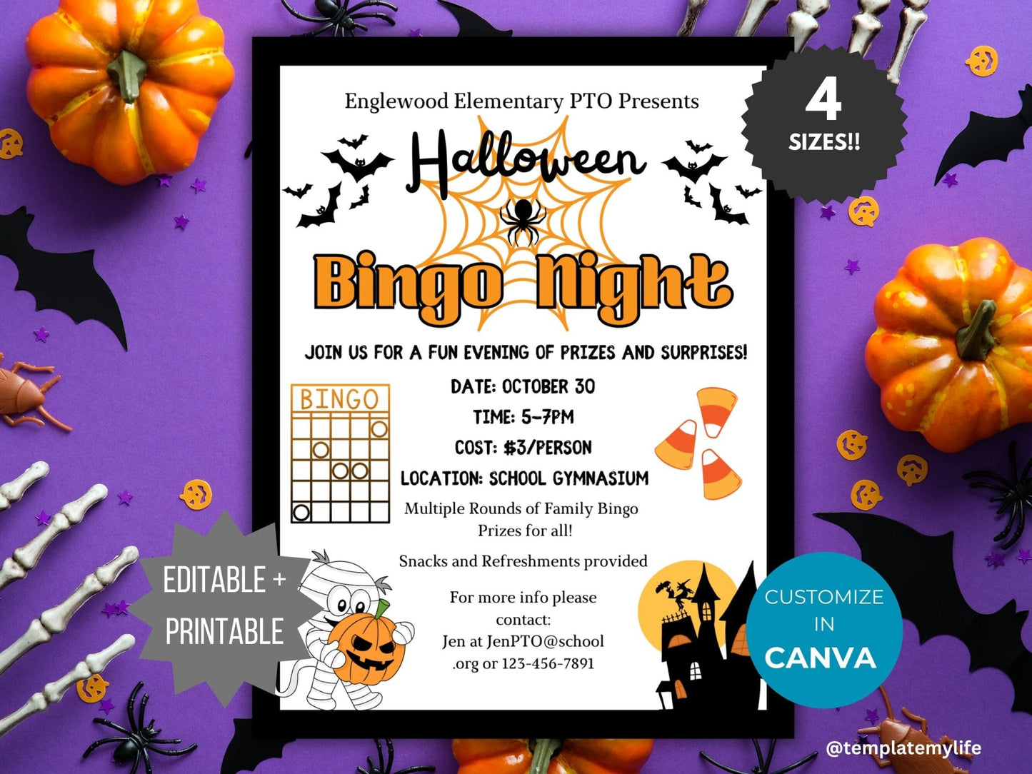 Halloween Bingo Night flyer PTO template school fundraiser flyer event invitation library Game night PTA flyer fall community event flyer