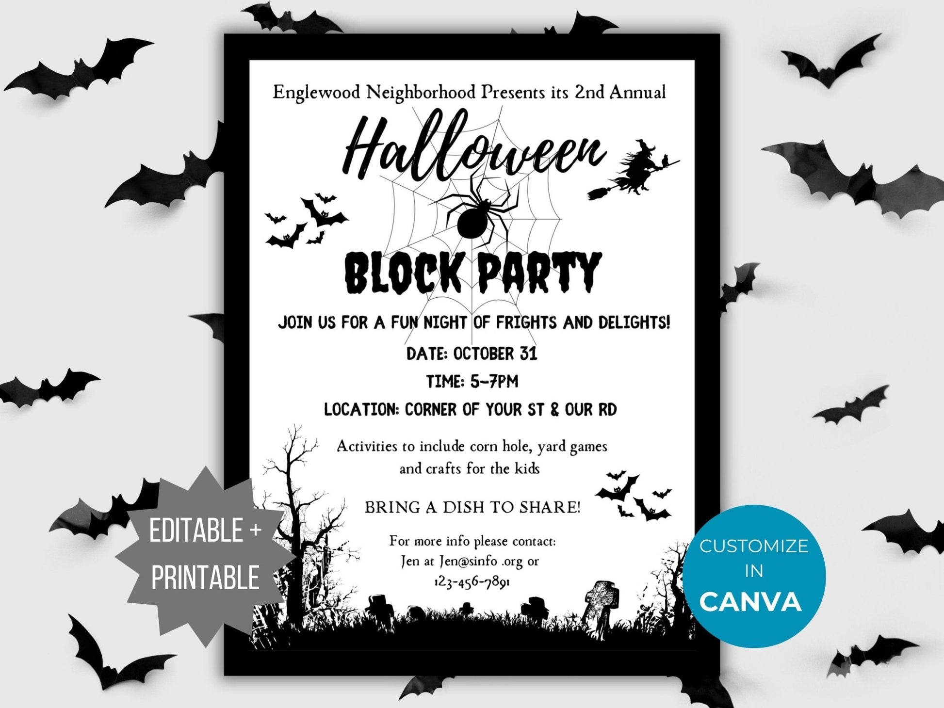 Halloween Block Party Flyer Template Fall Block Party event invite Editable Fall Community event Flyer Halloween Neighborhood HOA Flyer