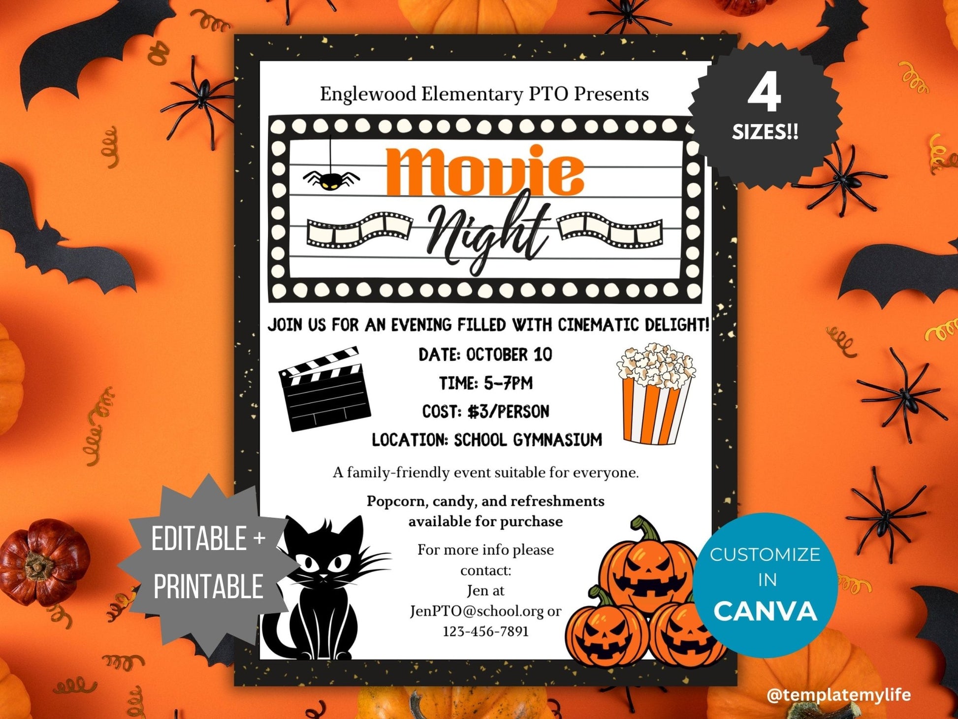 Halloween Movie Night invitation PTO template school fall fundraiser PTA flyer family movie night party flyer Autumn community event invite