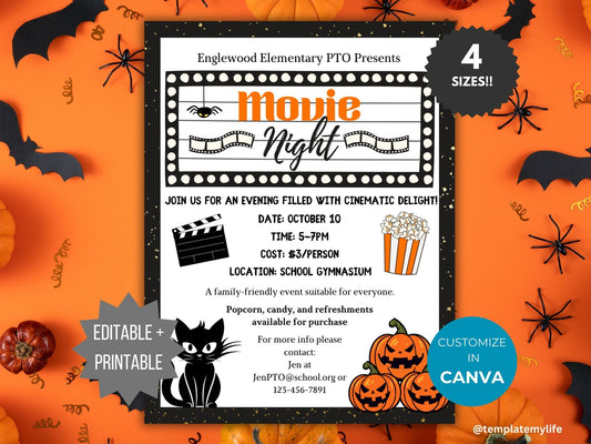 Halloween Movie Night invitation PTO template school fall fundraiser PTA flyer family movie night party flyer Autumn community event invite