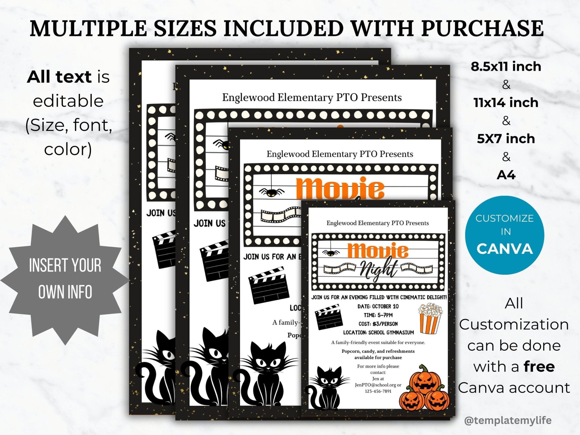 Halloween Movie Night invitation PTO template school fall fundraiser PTA flyer family movie night party flyer Autumn community event invite