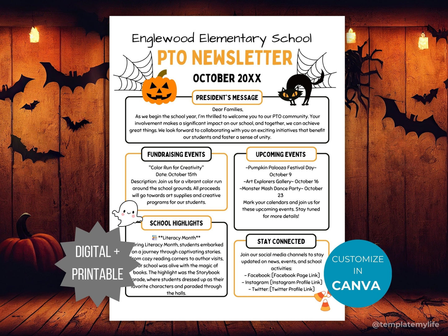 PTA Halloween Newsletter Flyer Printable PTO School Newsletter Flyer editable template autumn theme flyer pta October newsletter pto handout