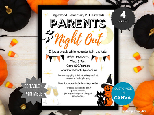 Halloween Parent Night Out flyer template PTO school fundraiser PTA flyer invitation date night flyer Fall community event invite recreation