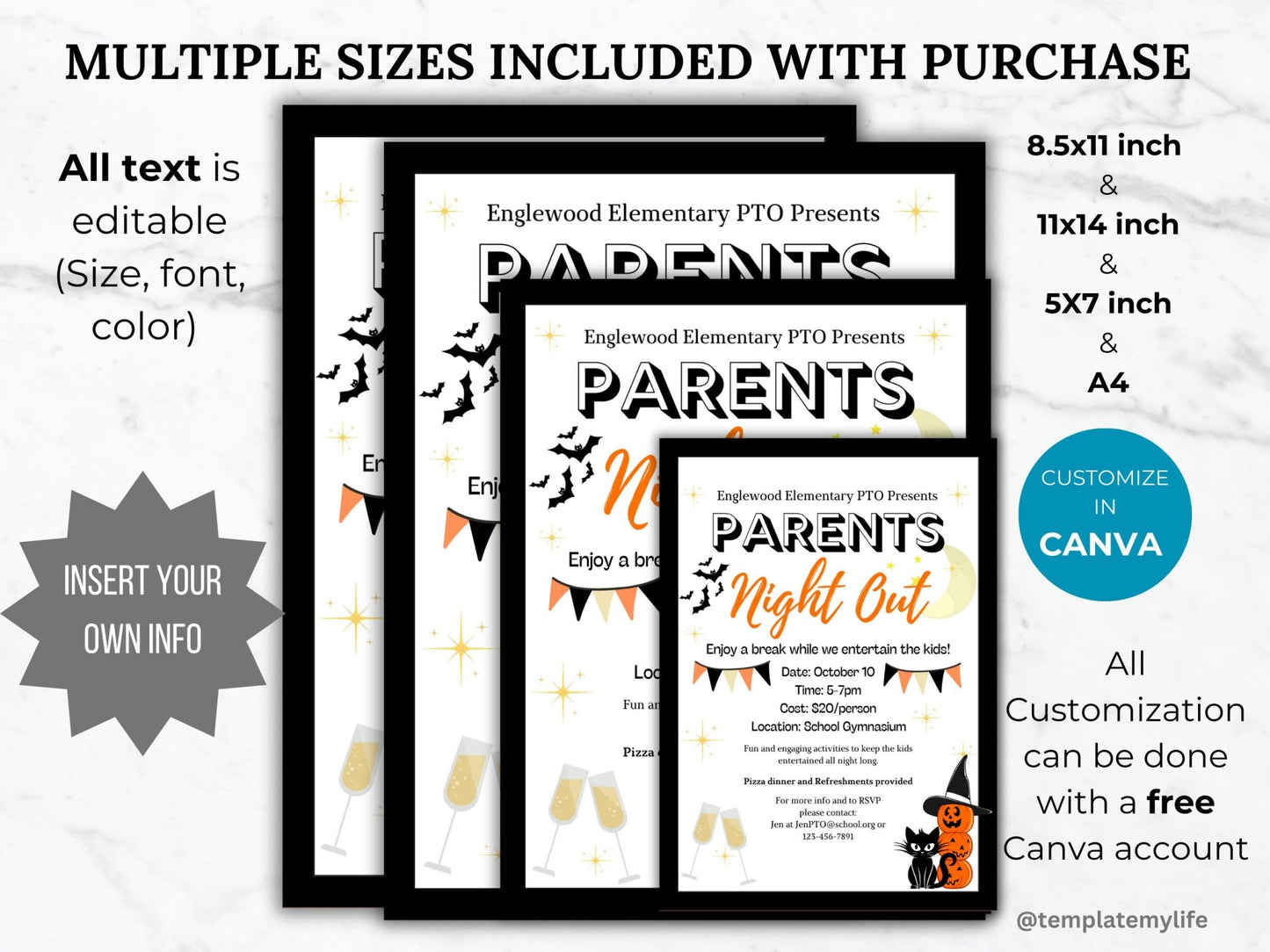 Halloween Parent Night Out flyer template PTO school fundraiser PTA flyer invitation date night flyer Fall community event invite recreation