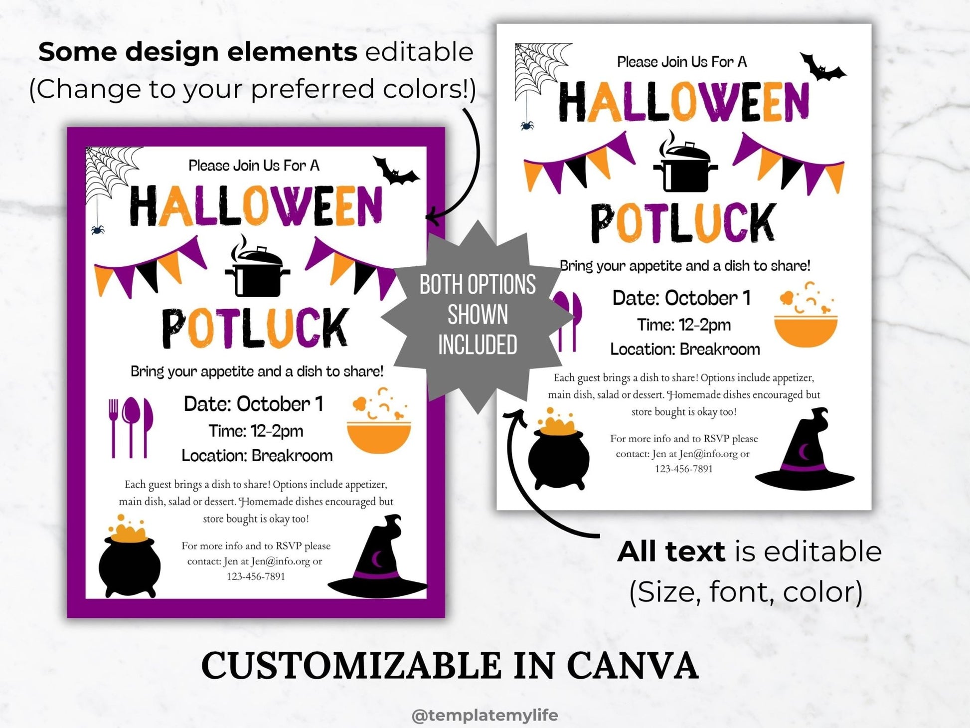 Halloween Potluck invitation flyer neighborhood party dinner invite comes with both purple border and no border option. All text and design elements are customizable in canva.