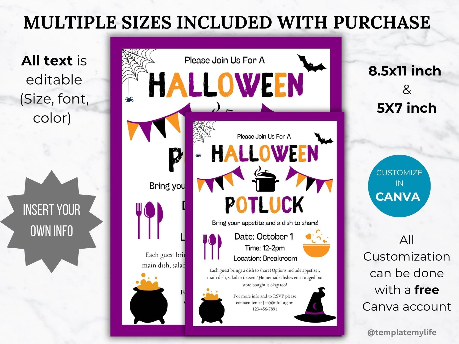 Halloween Potluck invitation Flyer template is customizable in canva and comes in US Letter size 8.5 x 11 inch and 5 x 7 in