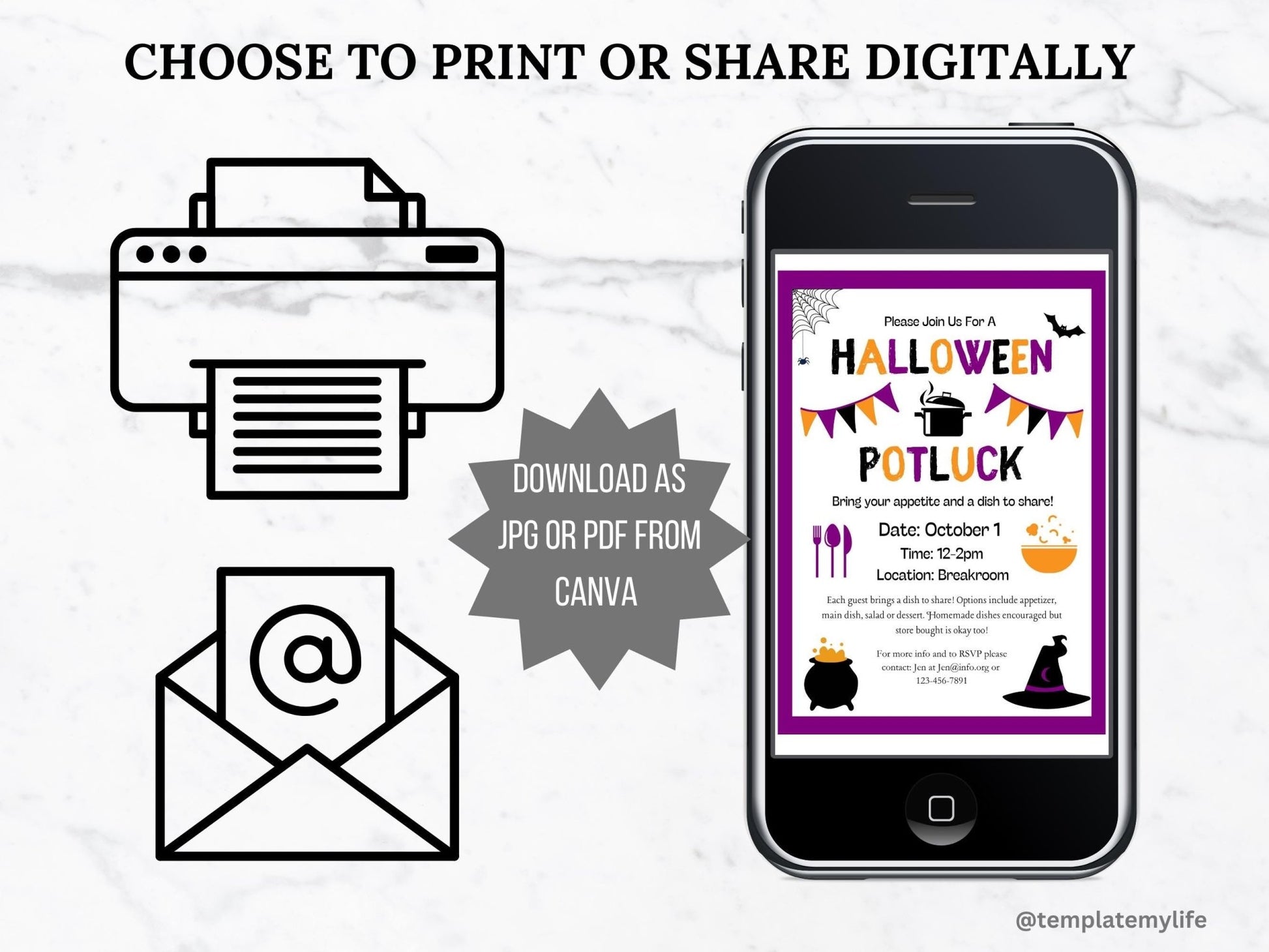 Halloween Potluck Flyer template Potluck invitation flyer can be save from canva both as JPG and PDF and can be used both printed or digitally