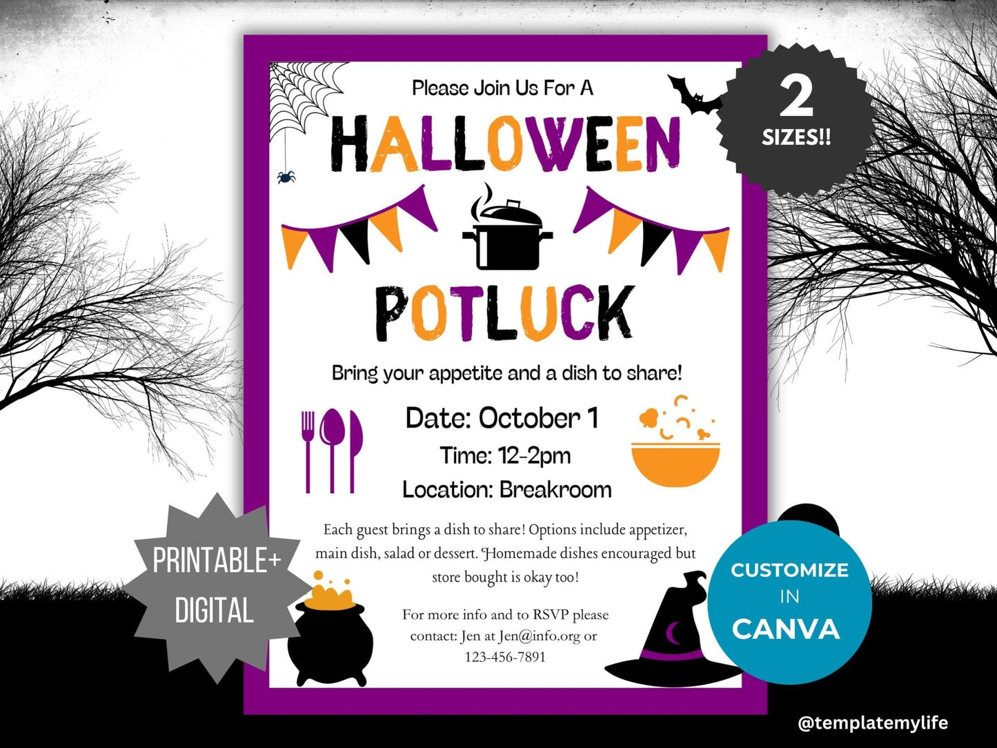 Halloween Potluck Flyer template Potluck invitation in purple black and orange with a witch hat and cauldron