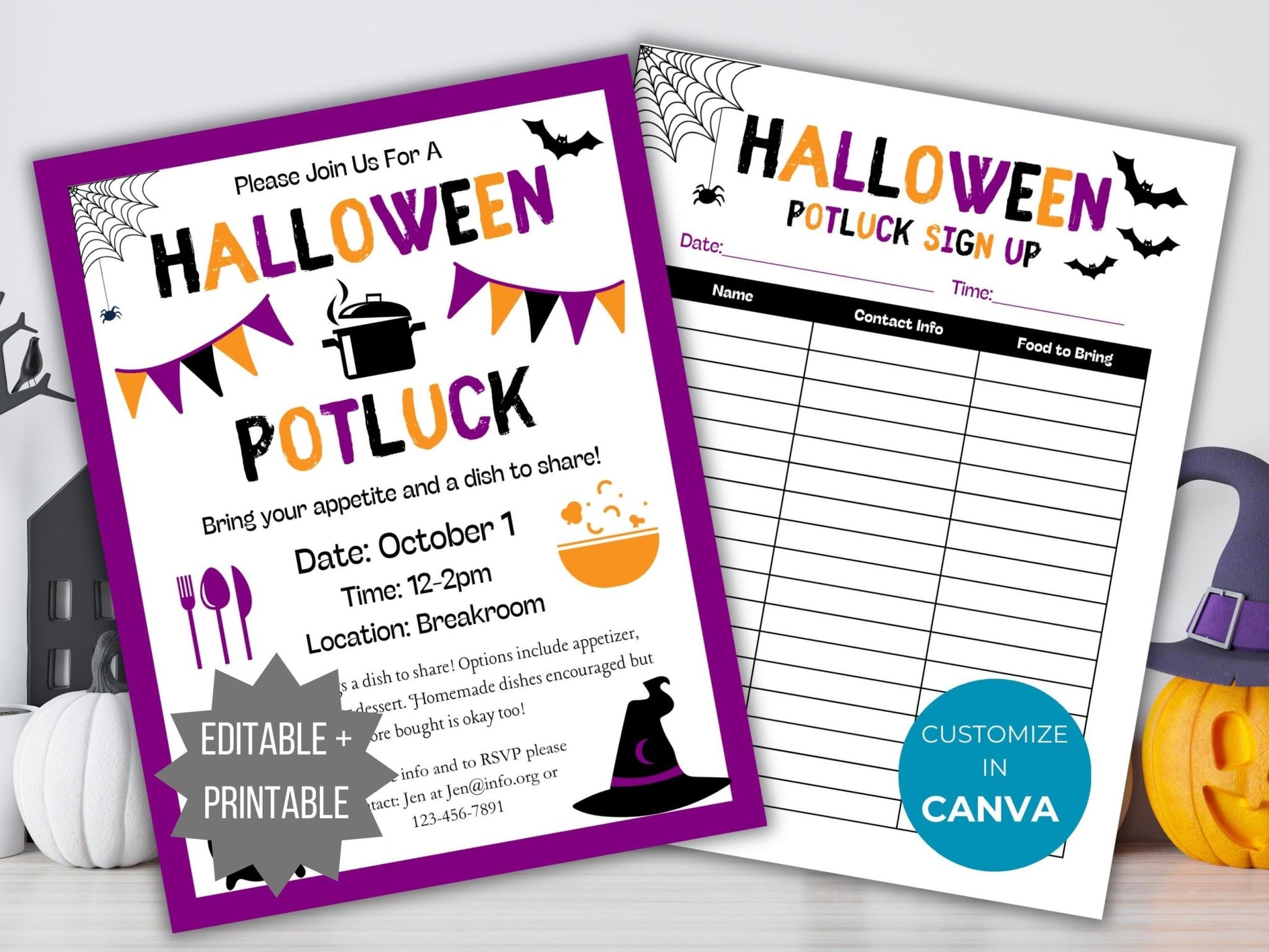 Halloween Potluck Invite flyer and sign up sheet template bundle shown in purple, orange and black shown decorated with witches hat, cauldron, bats and spider webs