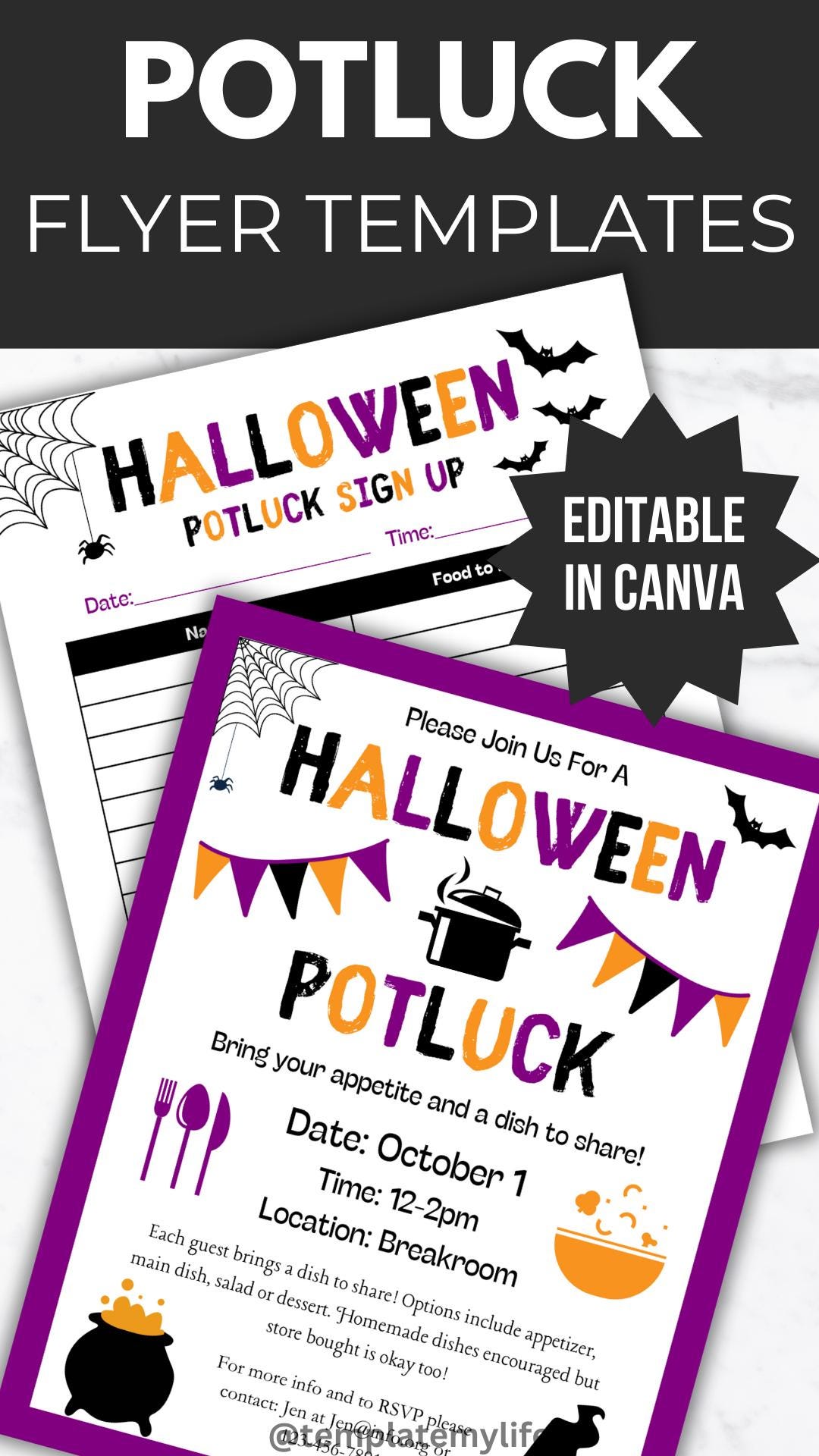 Halloween Potluck Invite template and October Potluck sign up sheet bundle