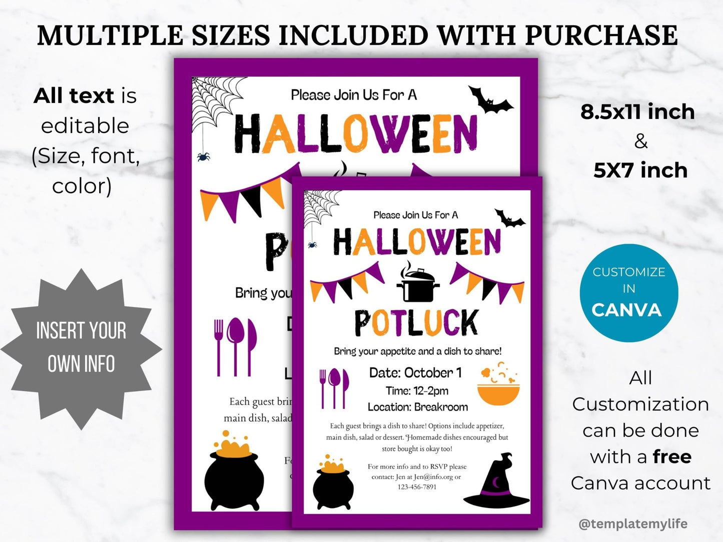 Halloween Potluck Invite flyer template shown comes in both US Letter Size 8.5 x 11 inch and 5 x 7 inch customizable with a free canva account