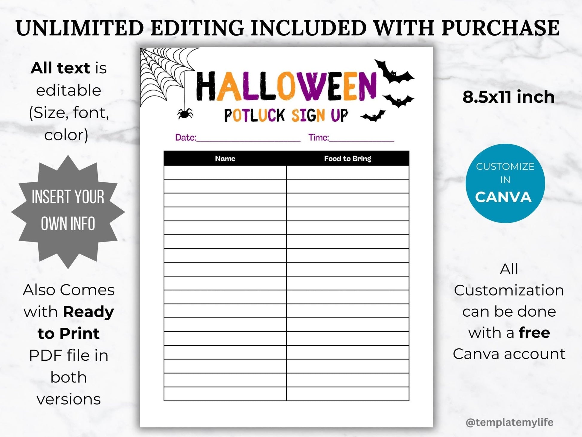 Halloween October Potluck sign up sheet comes in size US letter size 8.5 x 11 inch and all text is customizable in canva