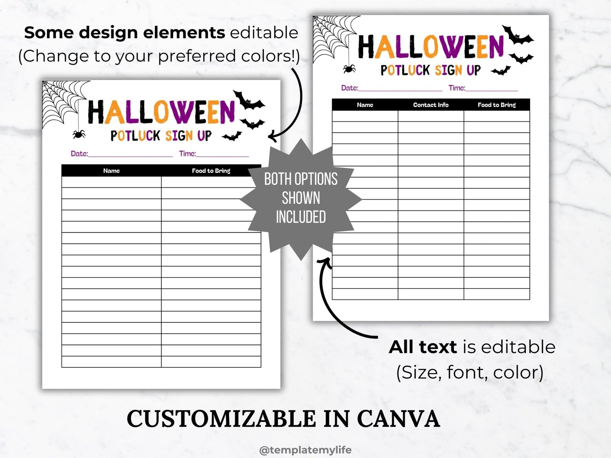 Halloween October Potluck sign up sheet shown comes with both 2 and 3 columns for participant name, contact info and food to bring and is customizable in canva