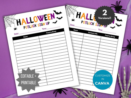 Halloween Potluck Sign Up Sheet template shown comes in 2 version, both 2 and 3 column for participant information decorated with spider webs and bats in colors black, orange and purple