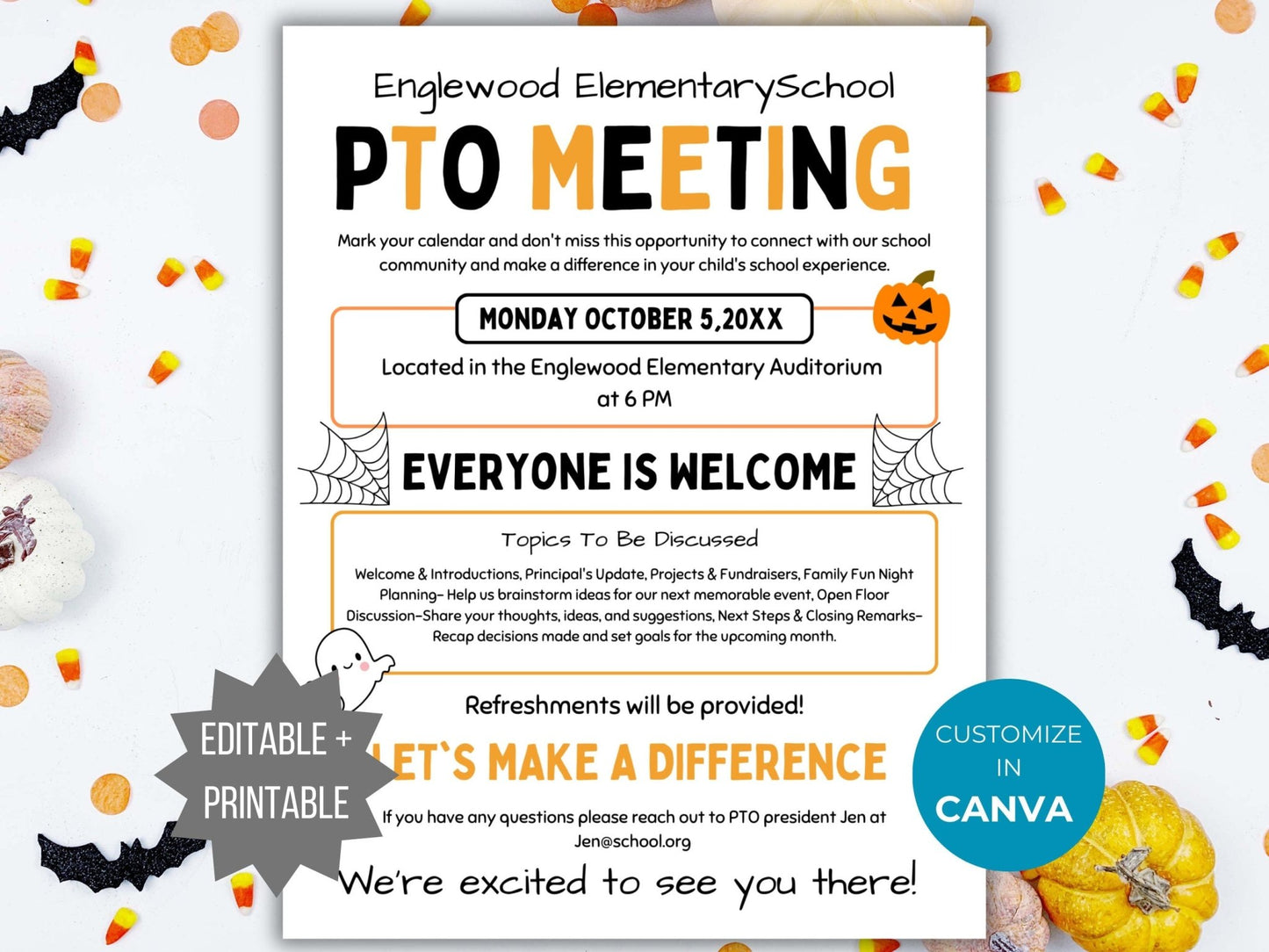 Halloween PTA Meeting Flyer Printable PTO Fall Meeting Flyer editable template pta October Meeting flyer pta sign Halloween meeting handout