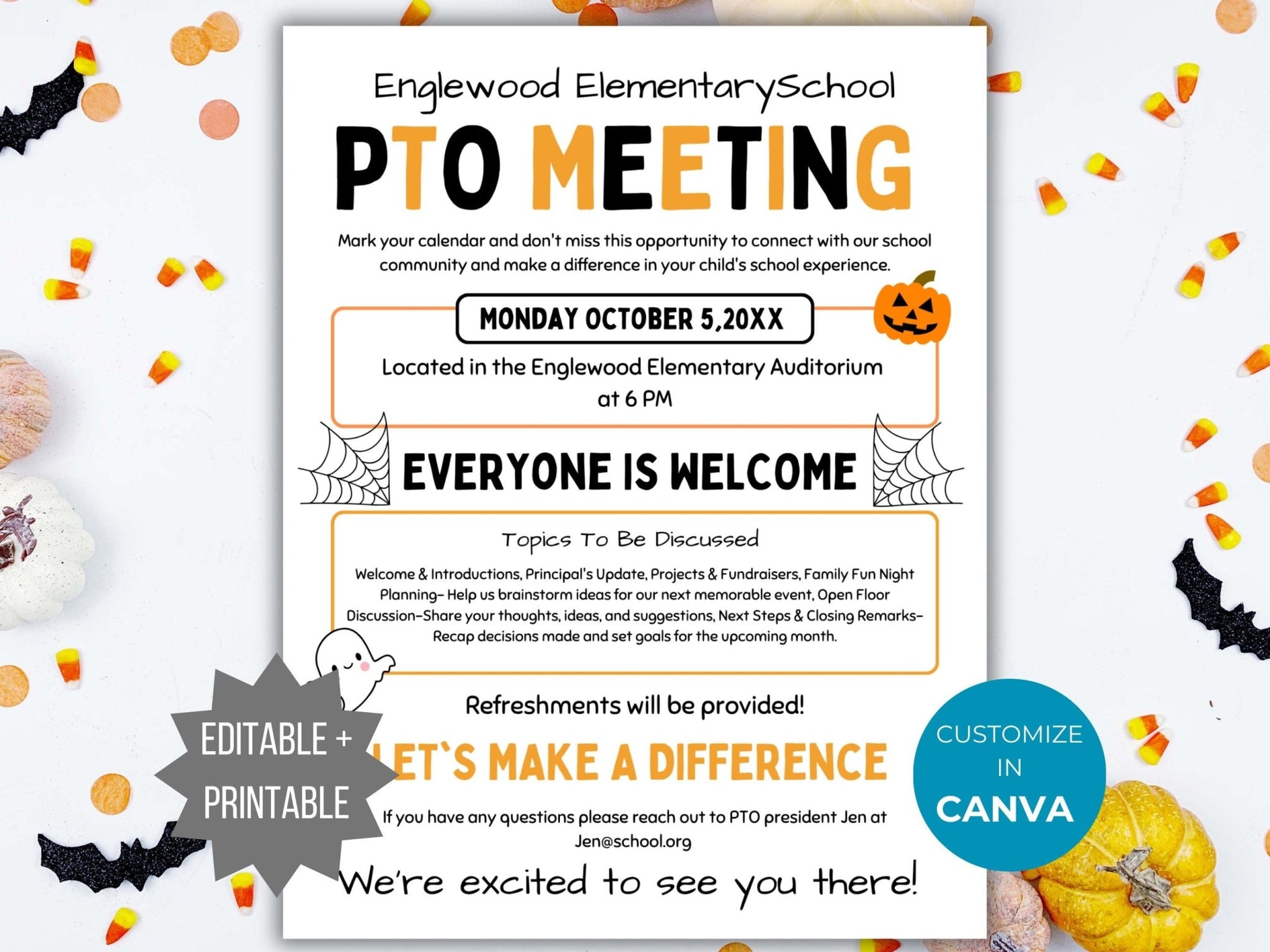 Halloween PTA Meeting Flyer Printable PTO Fall Meeting Flyer editable template pta October Meeting flyer pta sign Halloween meeting handout