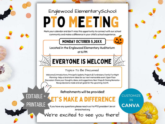 Halloween PTA Meeting Flyer Printable PTO Fall Meeting Flyer editable template pta October Meeting flyer pta sign Halloween meeting handout