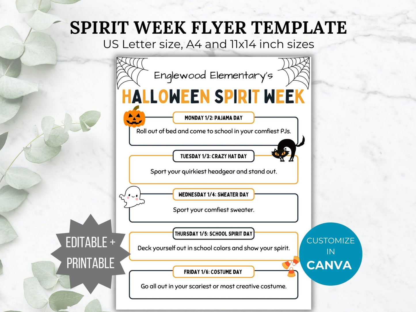 Halloween Spirit Week Flyer Printable PTO School Spirit Flyer editable template fall Spirit week itinerary pta flyer take home pto handout