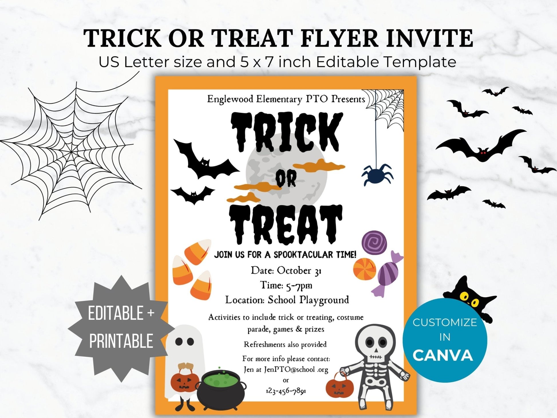 Trick or Treat Flyer Invitation Template Halloween invitation Editable Halloween School event PTA Flyer printable Fall Festival PTO template