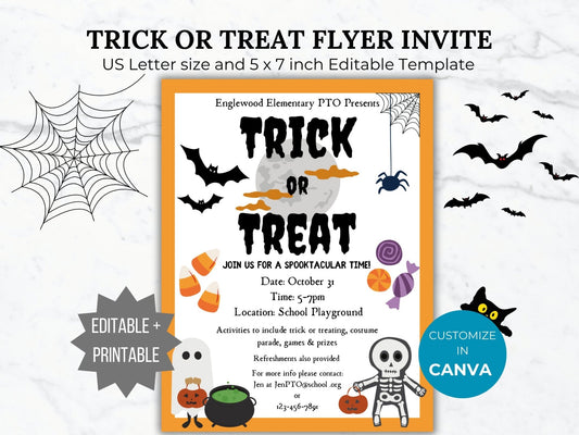 Trick or Treat Flyer Invitation Template Halloween invitation Editable Halloween School event PTA Flyer printable Fall Festival PTO template