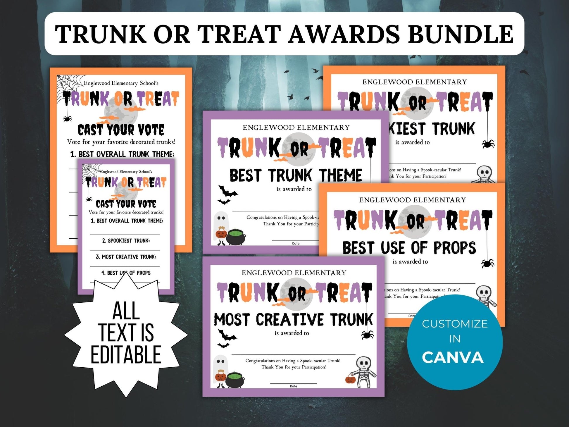 Trunk or Treat Award Certificate Template PTO Bundle Community Halloween Party voting ballot card PTA School trick or treat event printable