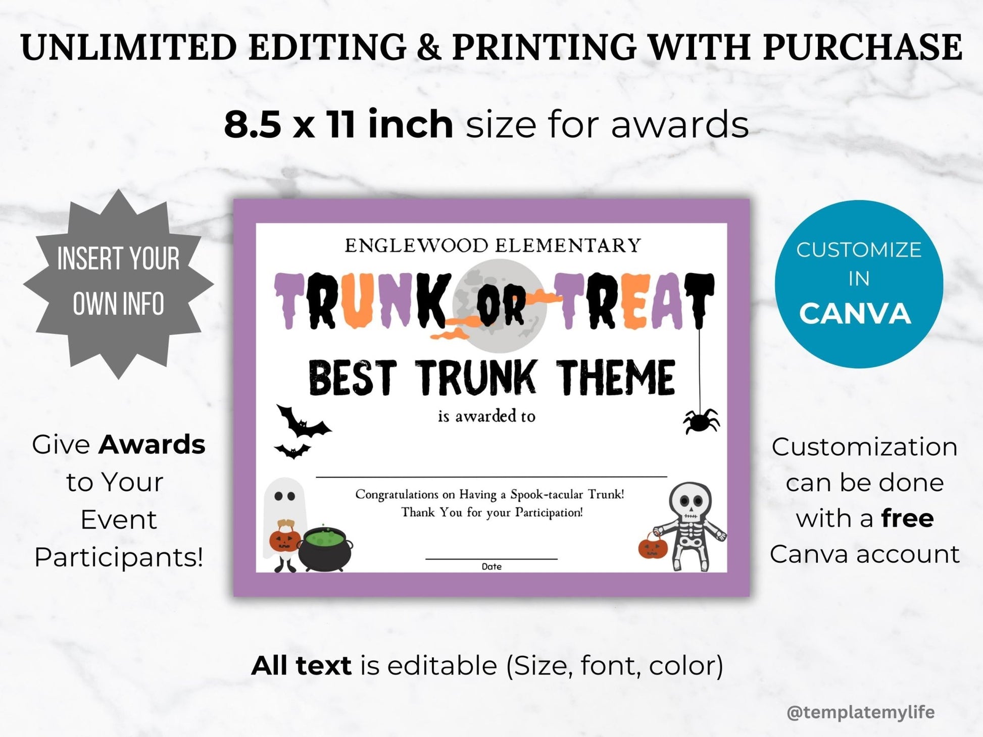 trunk or treat award certificate template comes in 8.5 x 11 inch