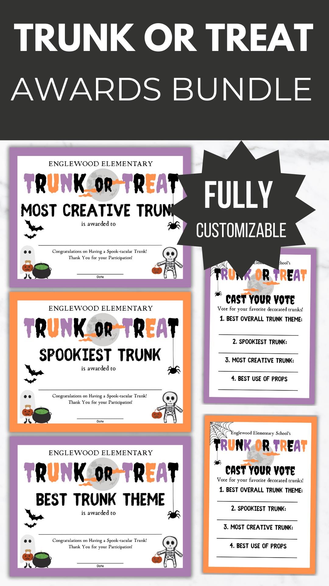 Trunk or Treat Award Certificate Template PTO Bundle Community Halloween Party voting ballot card PTA School trick or treat event printable