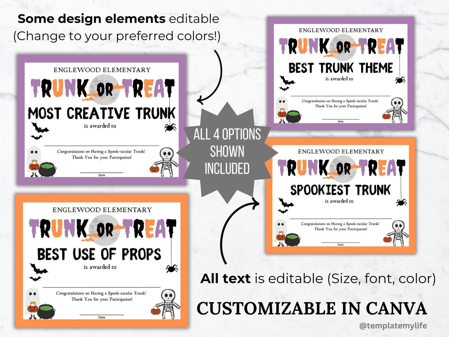 trunk or treat award certificate templates in purple and orange, 4 versions included