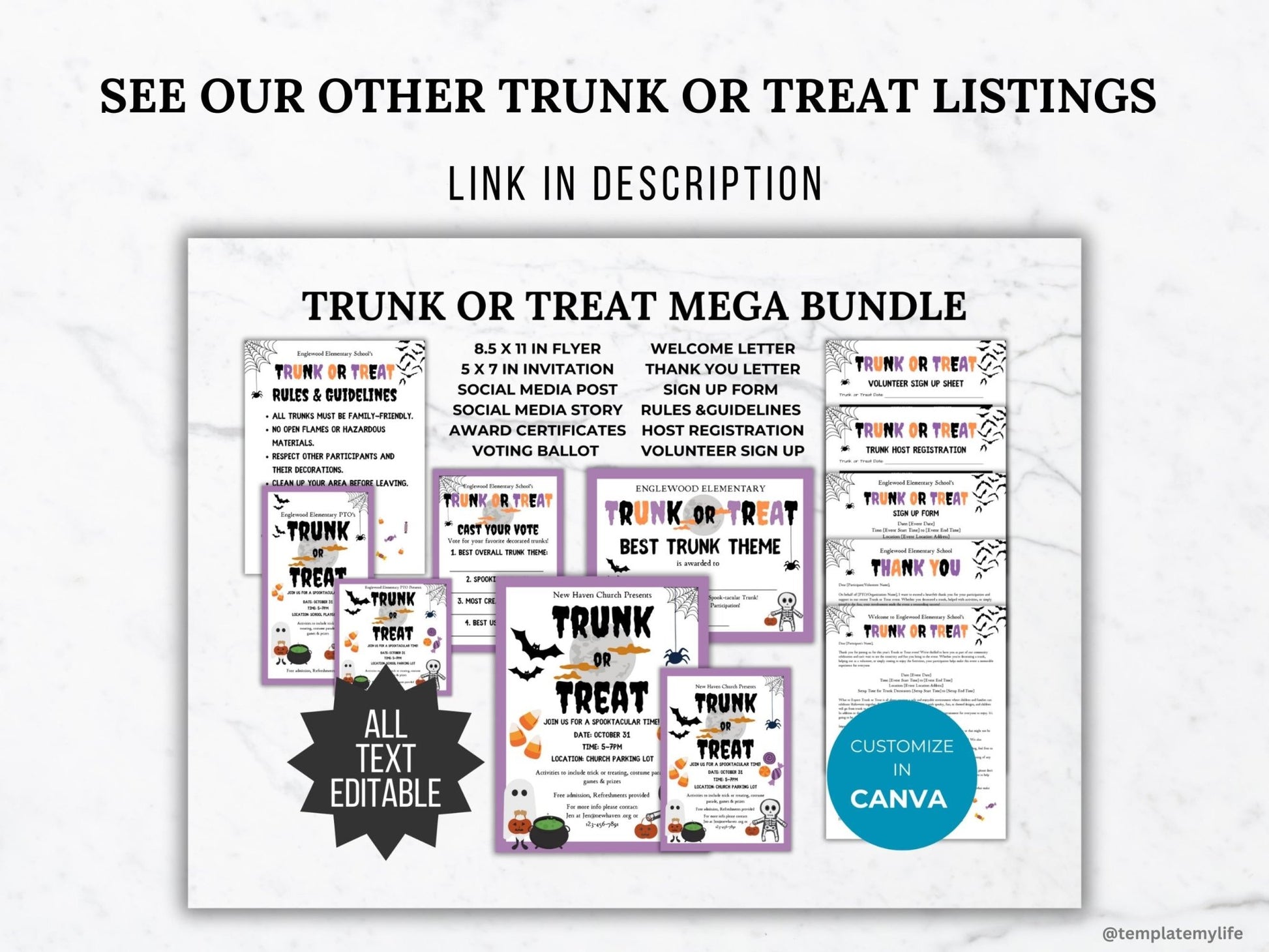 trunk or treat mega bundle listing that includes trunk or treat flyer, invite, welcome letter, thank you letter, sign up form, trunk host registration, volunteer sign up sheet, social media post and story save the date, rules and guidelines