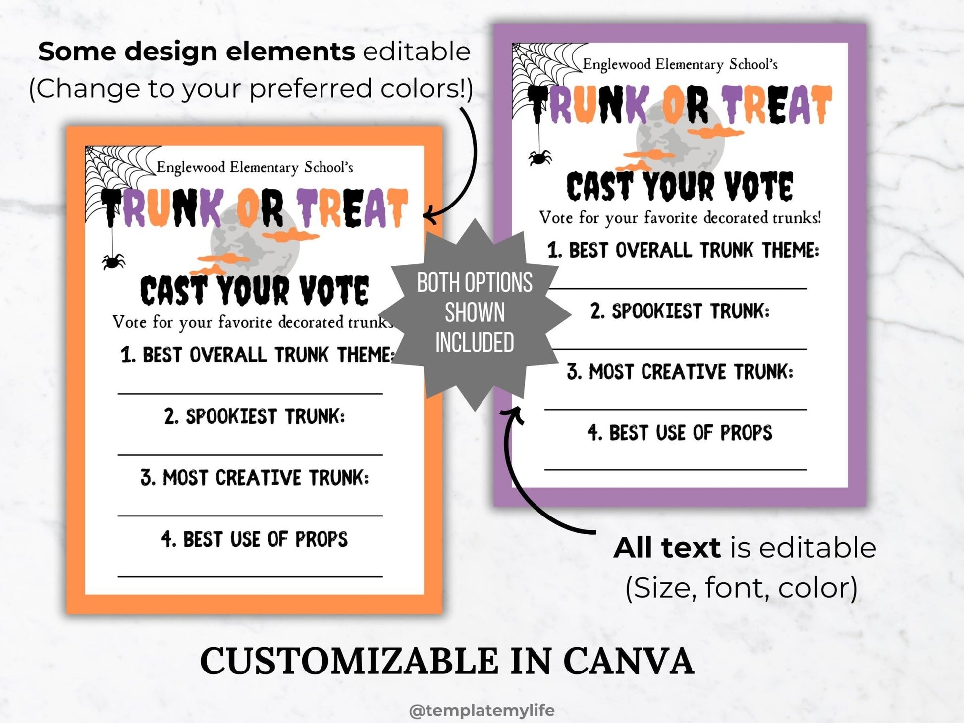 trunk or treat voting ballot card in orange and purple