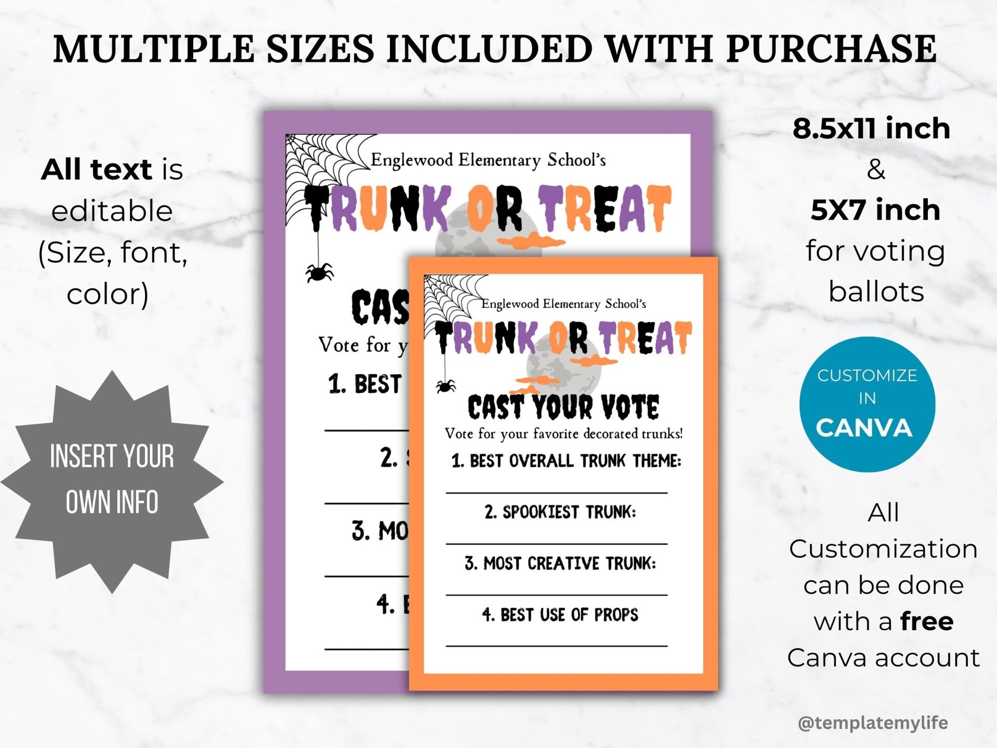 trunk or treat voting ballot card in purple and orange comes in 8.5 x 11 inch and 5 x 7 inch