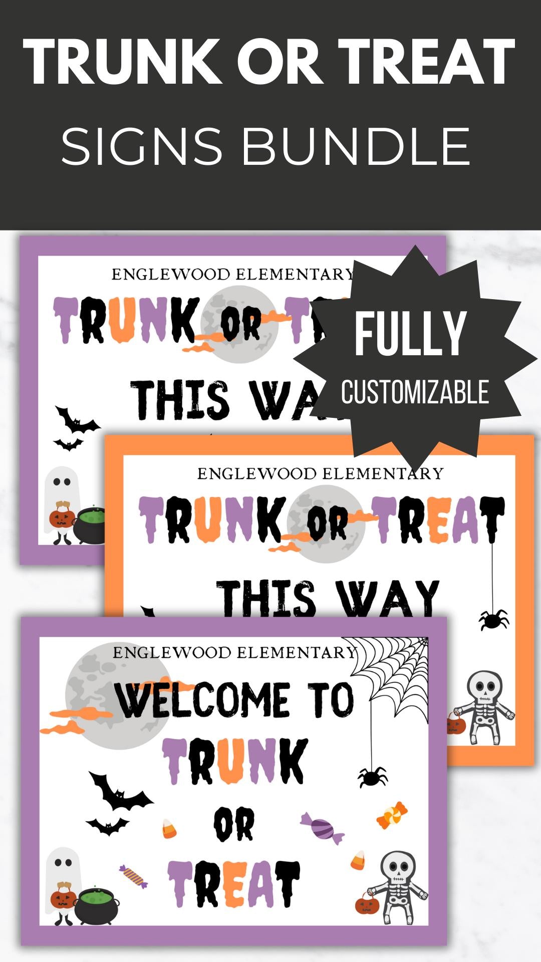 Trunk or Treat Event Signs Template Bundle PTO School Halloween Party Welcome PTA Editable Community trick or treat event directional sign