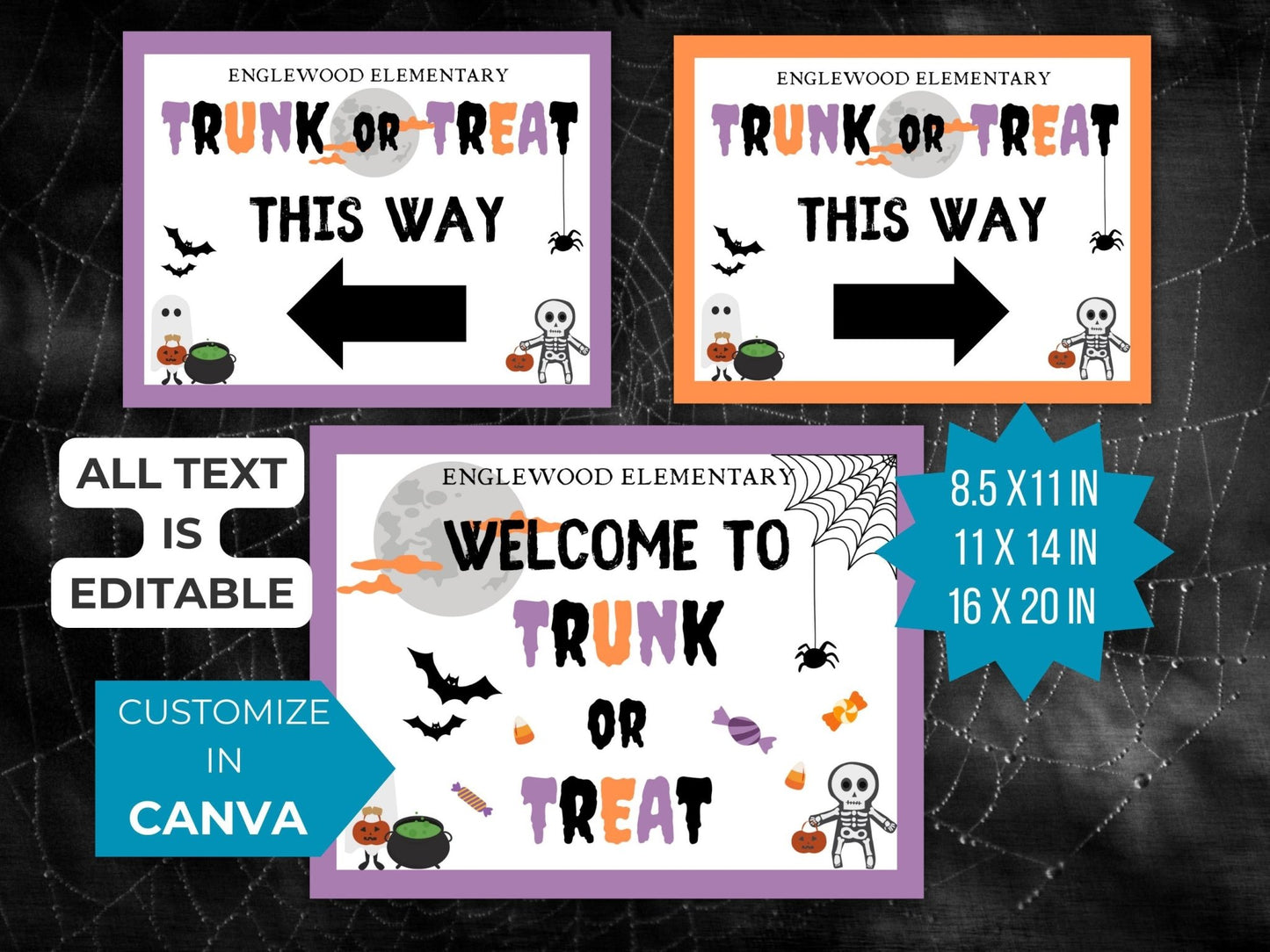 Trunk or Treat Event Signs Template Bundle PTO School Halloween Party Welcome PTA Editable Community trick or treat event directional sign