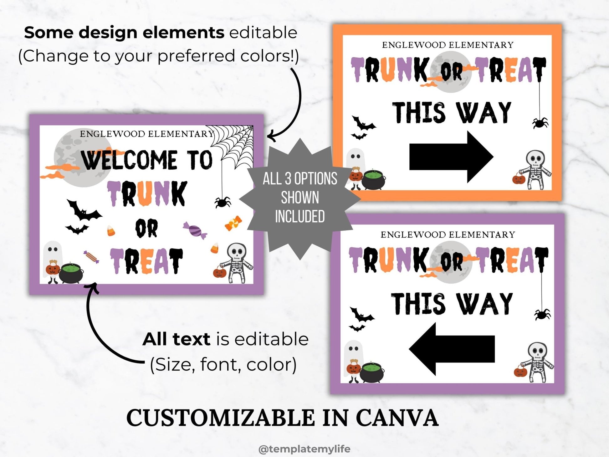 Trunk or Treat Event Signs Template Bundle PTO School Halloween Party Welcome PTA Editable Community trick or treat event directional sign