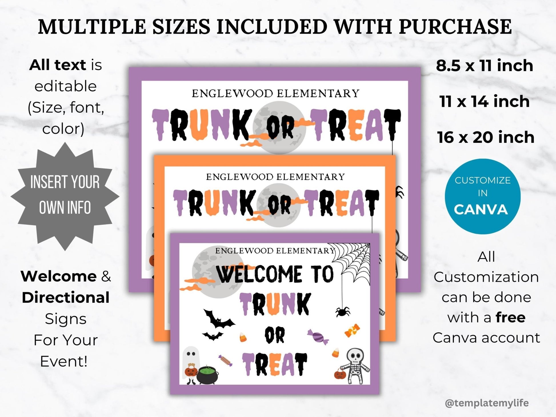 Trunk or Treat Event Signs Template Bundle PTO School Halloween Party Welcome PTA Editable Community trick or treat event directional sign