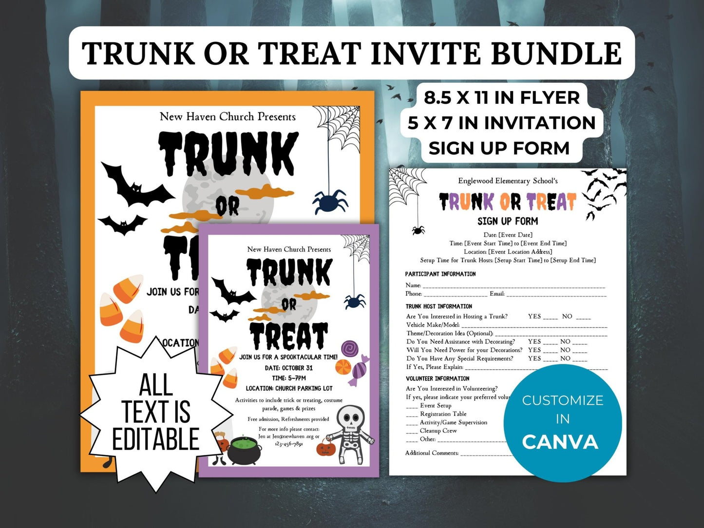 Trunk or Treat Flyer Invitation Sign Up Form PTO Template Bundle Halloween Party PTA invite trick or treat announcement fall event planning