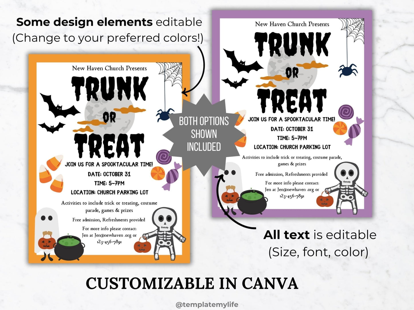 Trunk or Treat flyer invitation in both orange and purple fully customizable in canva