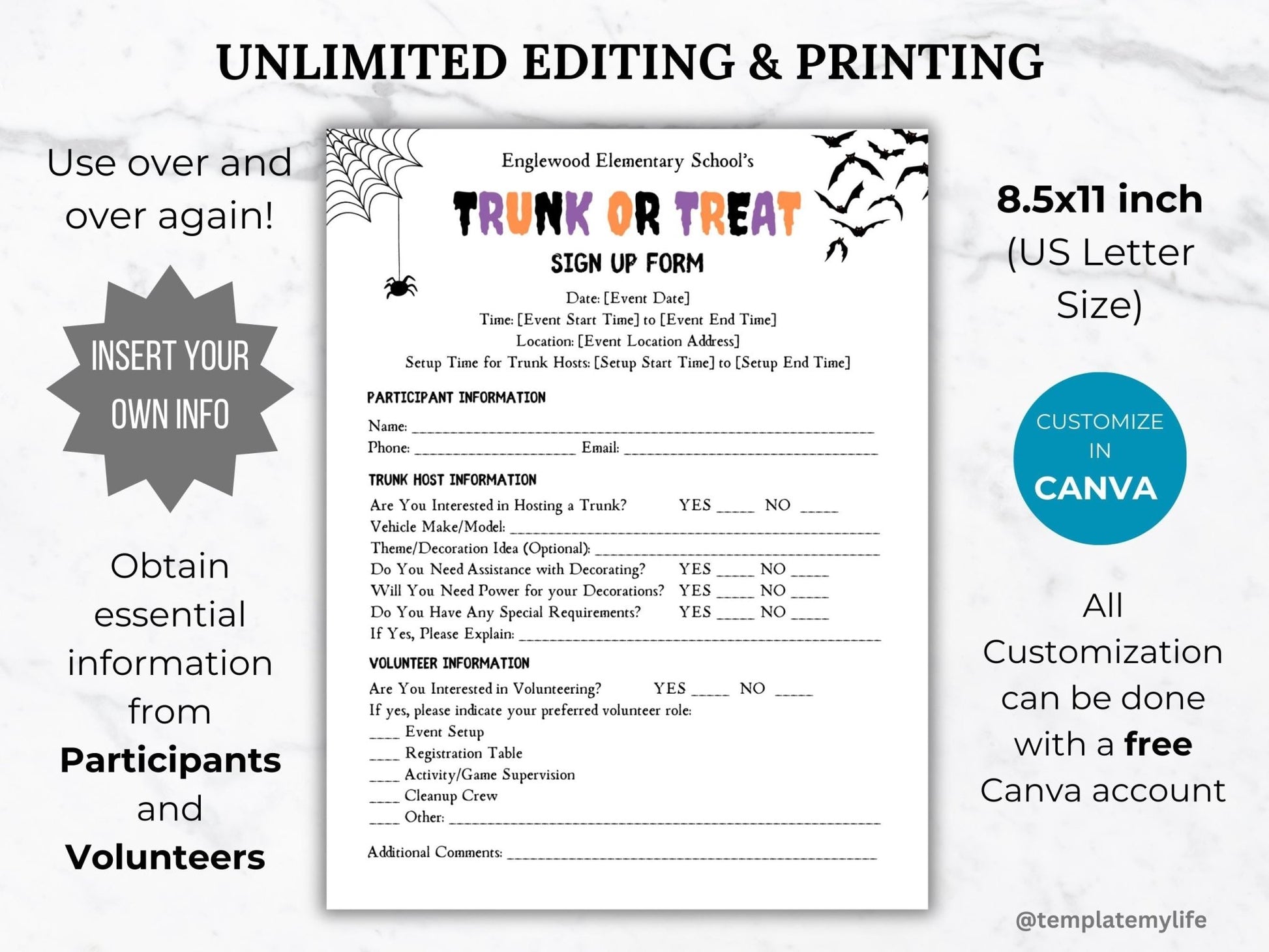 Trunk or treat sign up form template for volunteers and participants completely customizable in canva and comes as 8.5 x 11 inch