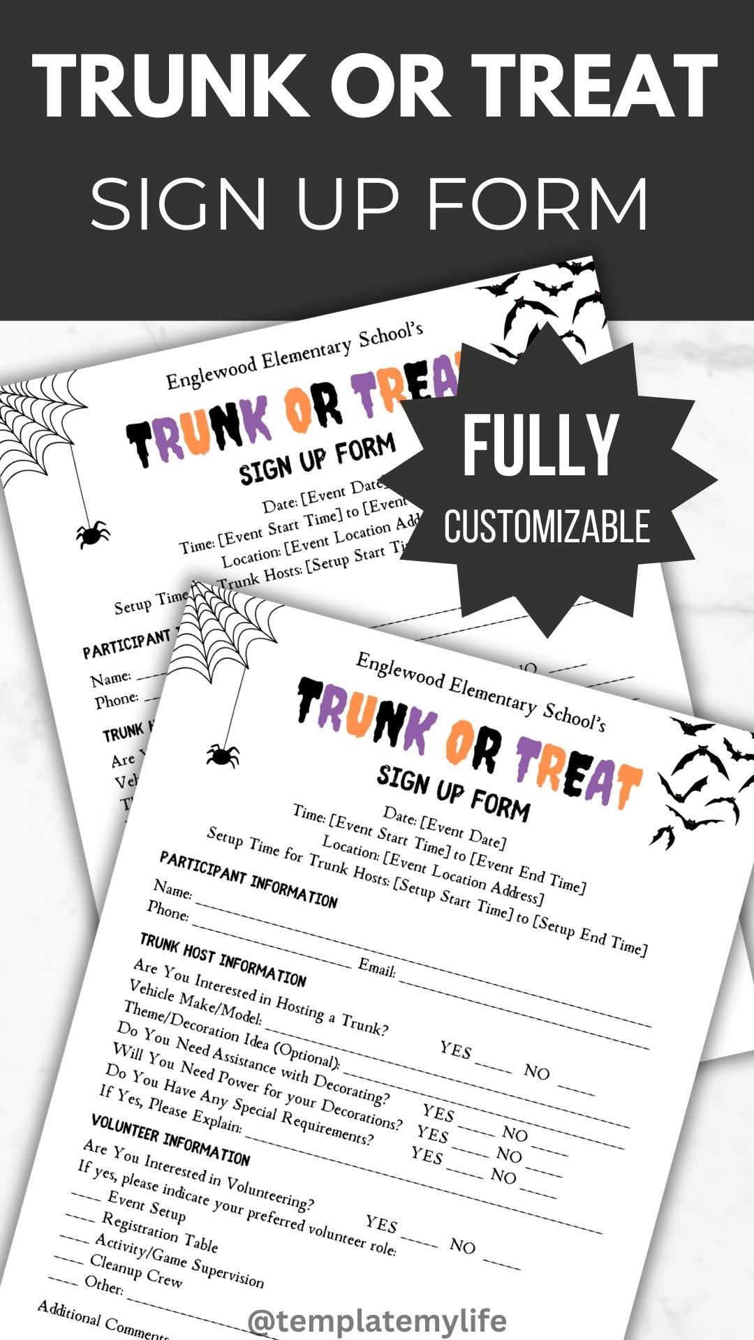 Trunk or Treat Flyer Invitation Sign Up Form PTO Template Volunteer Halloween Party PTA flyer invite trick or treat signup fall event letter