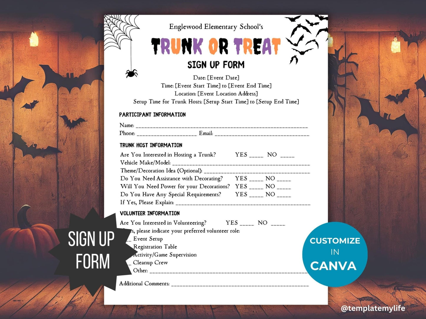 Trunk or Treat Flyer Invitation Sign Up Form PTO Template Volunteer Halloween Party PTA flyer invite trick or treat signup fall event letter